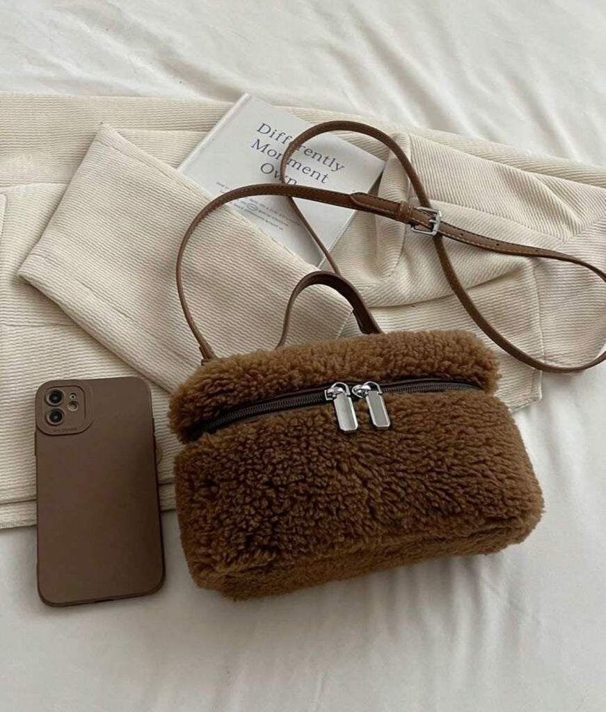 【2つのストーン付き】【リッチマネー】ふわふわソフトミニバッグ (Brown)*