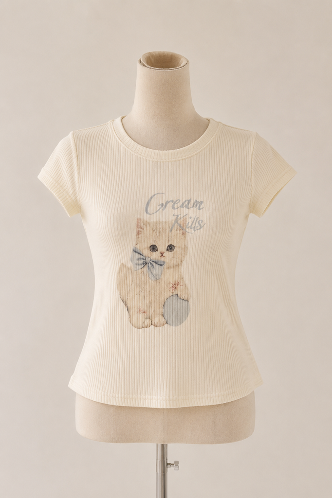 【守りたくなる】キャット・リブ・Tシャツ（ピンクムーンストーン付）