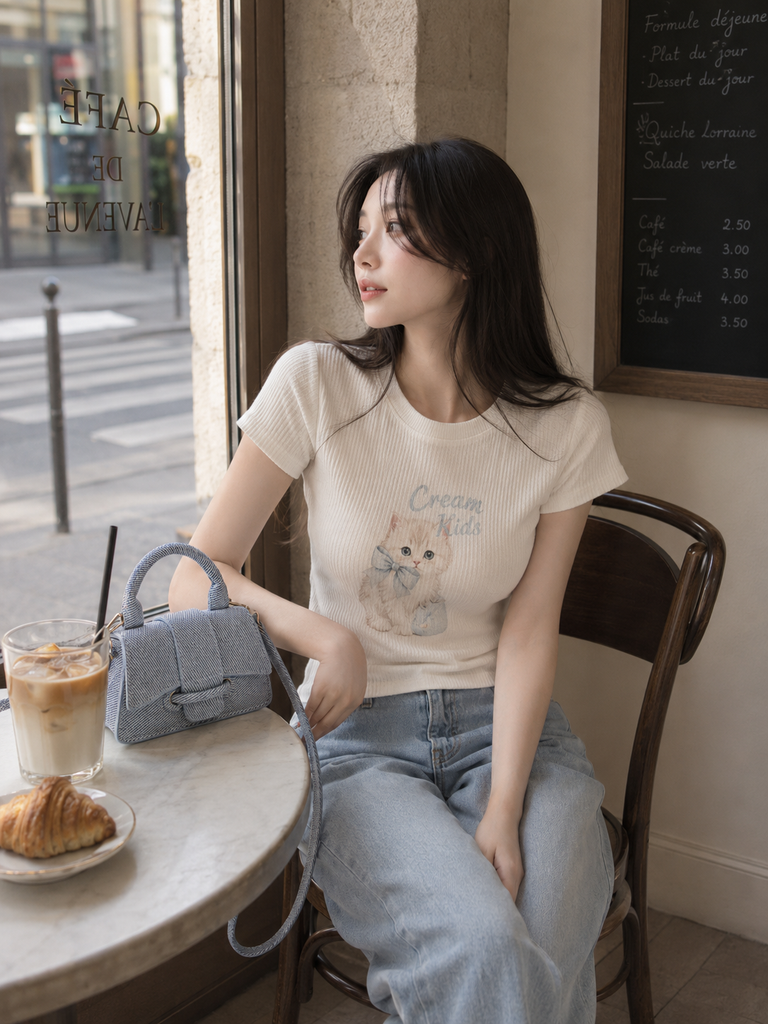 【守りたくなる】キャット・リブ・Tシャツ（ピンクムーンストーン付）