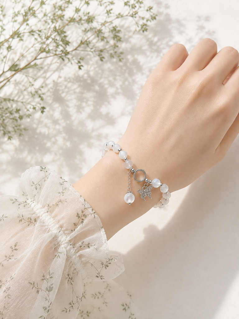 ホワイト・ブレスレット（rose quartz & crystal）*