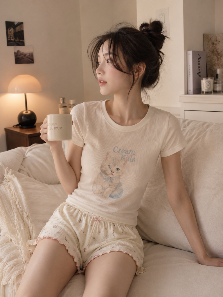 【守りたくなる】キャット・リブ・Tシャツ（ピンクムーンストーン付）