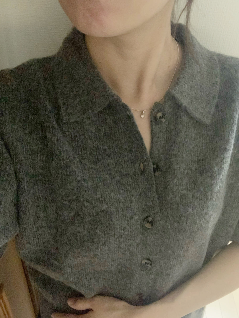 [最強のモテ] 2WAY襟付きグレーニットカーディガン* (ピンクリッチストーン)