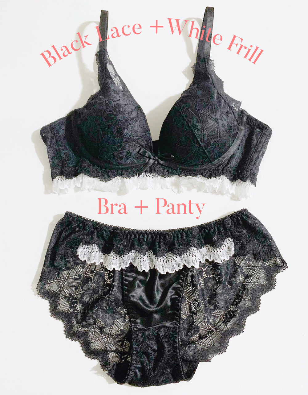 【M】⧫ Black Lace with White Frill Set (Bra + Panty)
